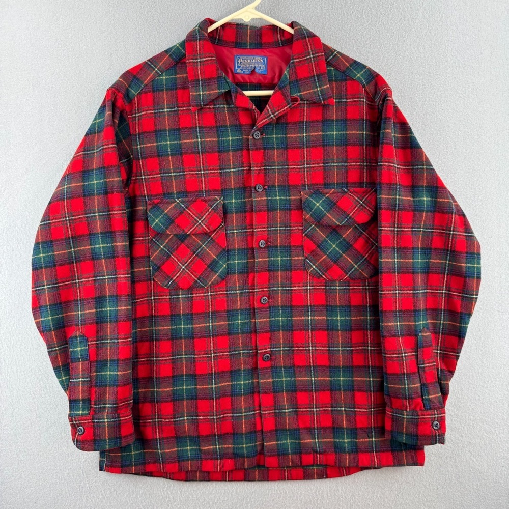 Vintage Pendleton Board Shirt Mens Large Plaid Flannel‎ 70s Loop Collar Camp
